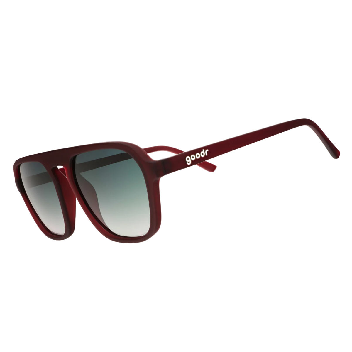 Product close up of brown aviator style sunglasses with green gradient lenses.