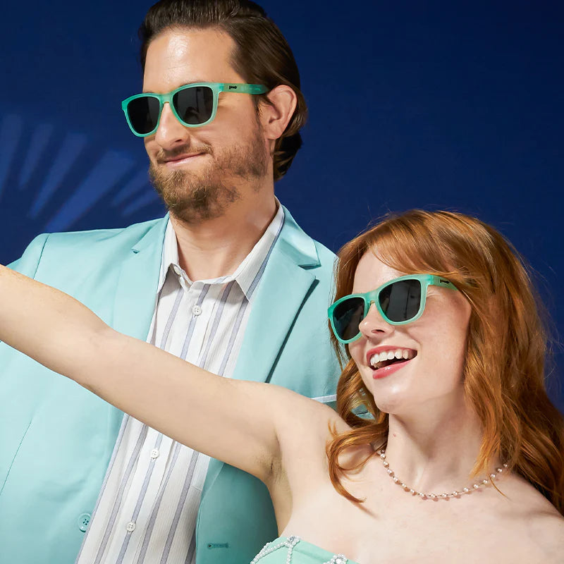 Men&#39;s &amp; Women&#39;s style and fit showcase of mint coloured square-frame sunglasses.