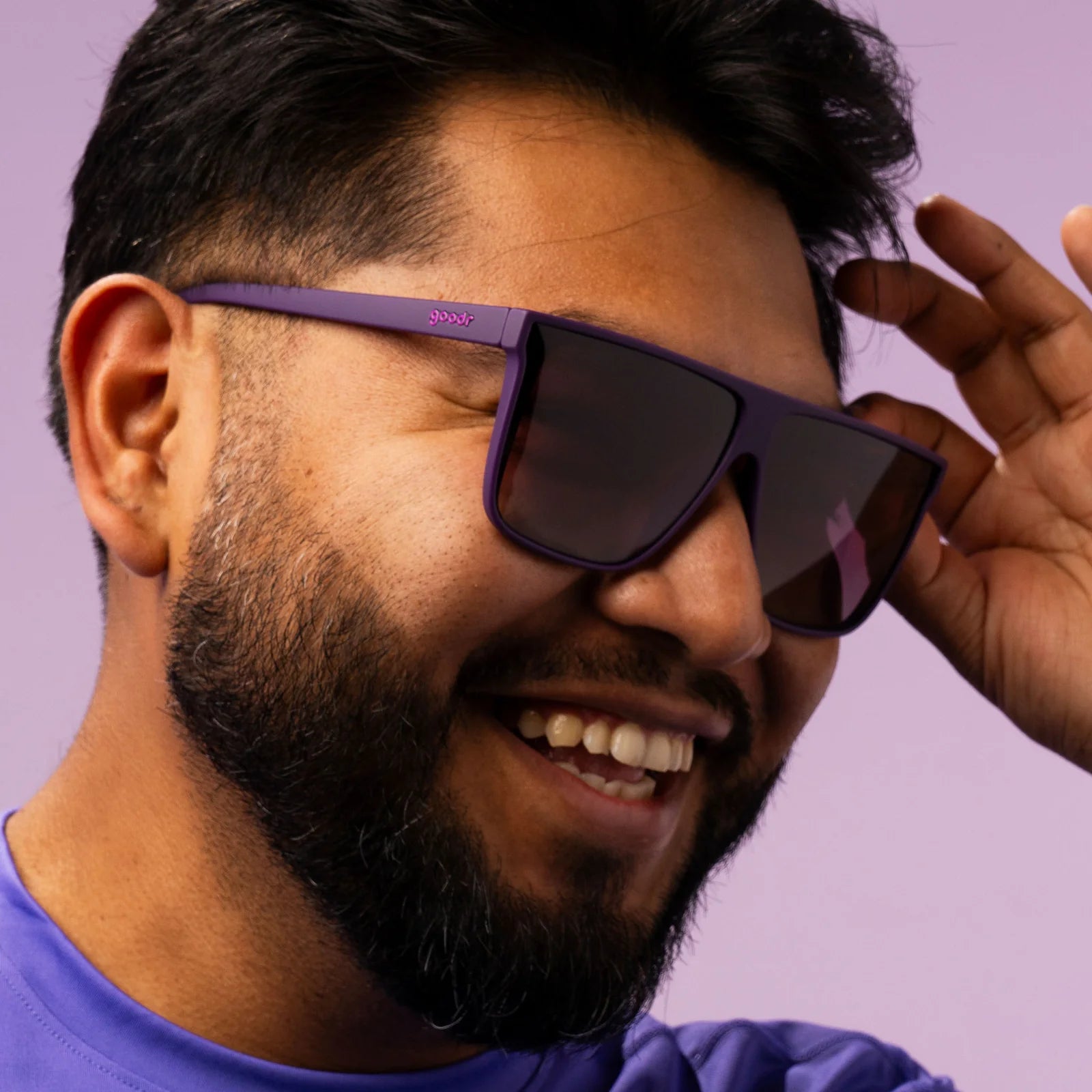 Oversized flat-top dark purple sunglasses with gradient lenses. No slip, no bounce, all polarised.