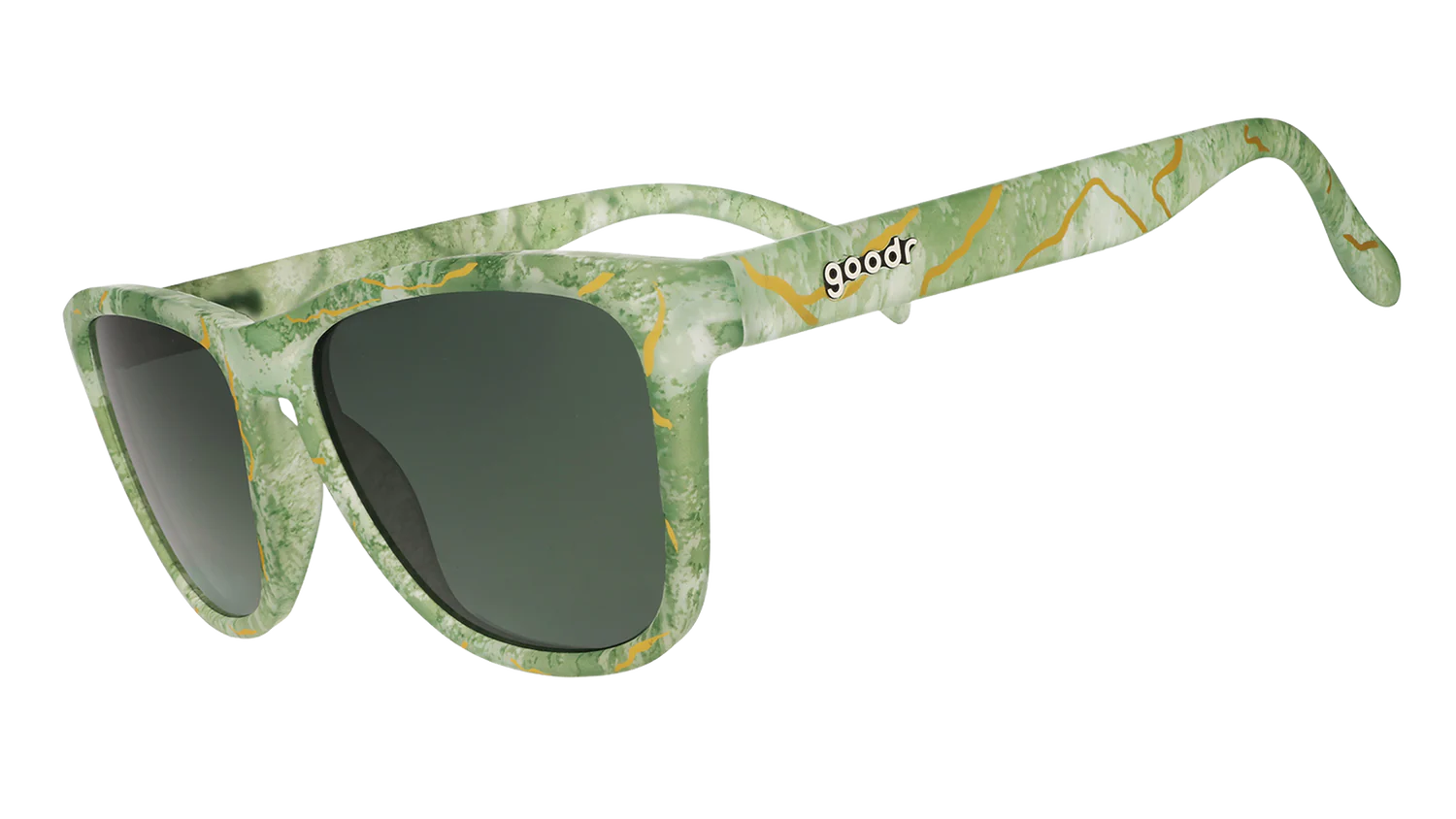 Marbled green square shaped sunglasses with a prominent golden line pattern, reminiscent of Kintsugi. 
