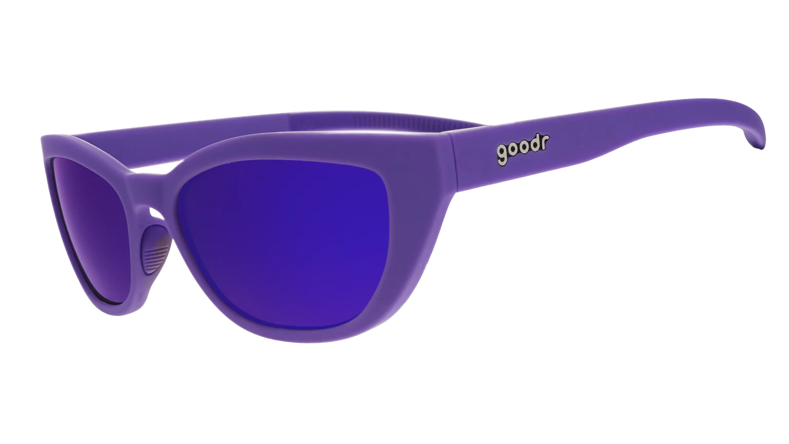 Deep purple sunglasses with a cat-eye shape. Purple reflective lenses.