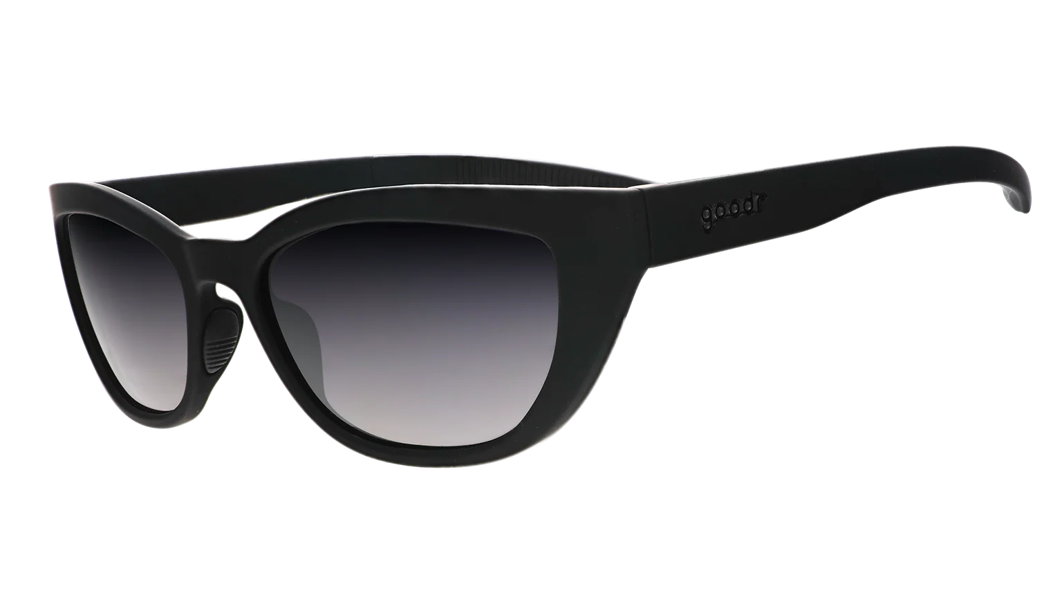 Black sunglasses with dark, gradient lenses. Simple and stylish cat-eye frames.