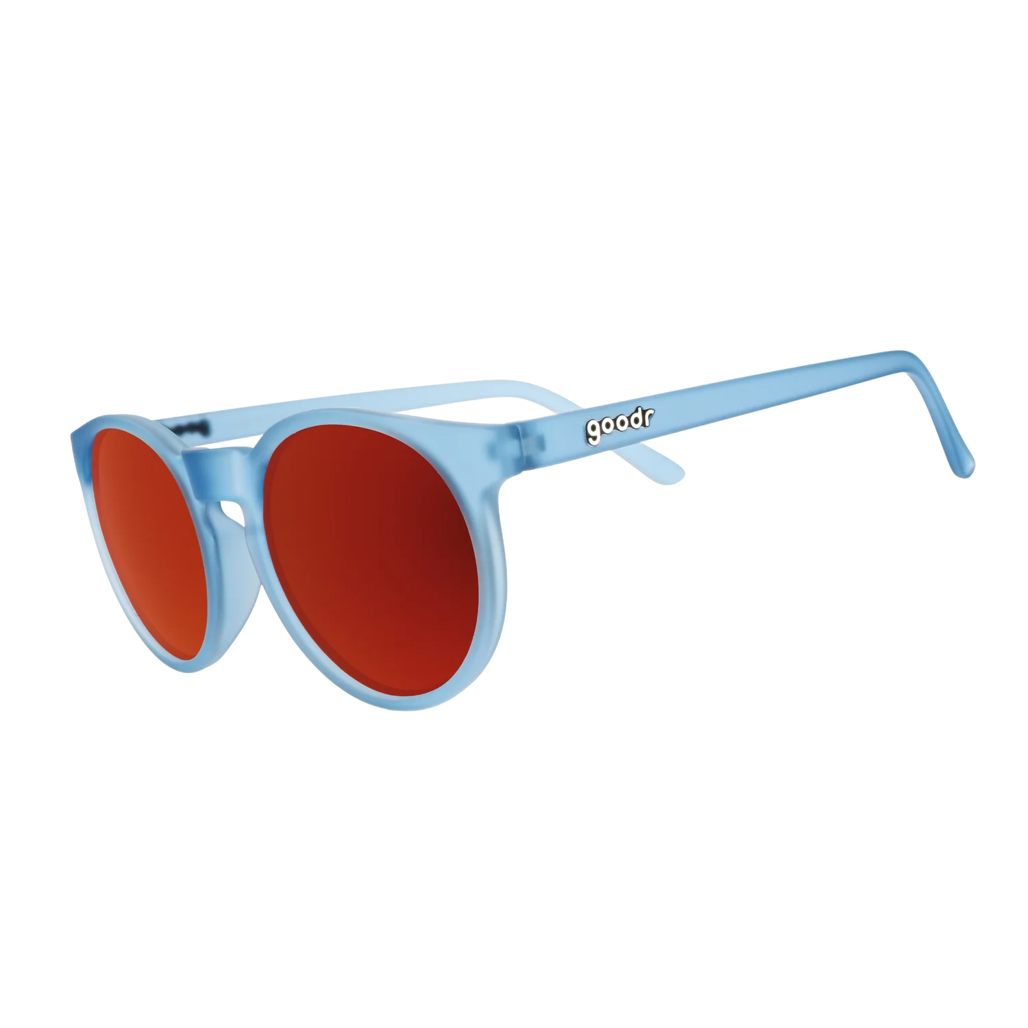 Product close up of circle-framed sunglasses, featuring light blue frames and red reflective lenses.