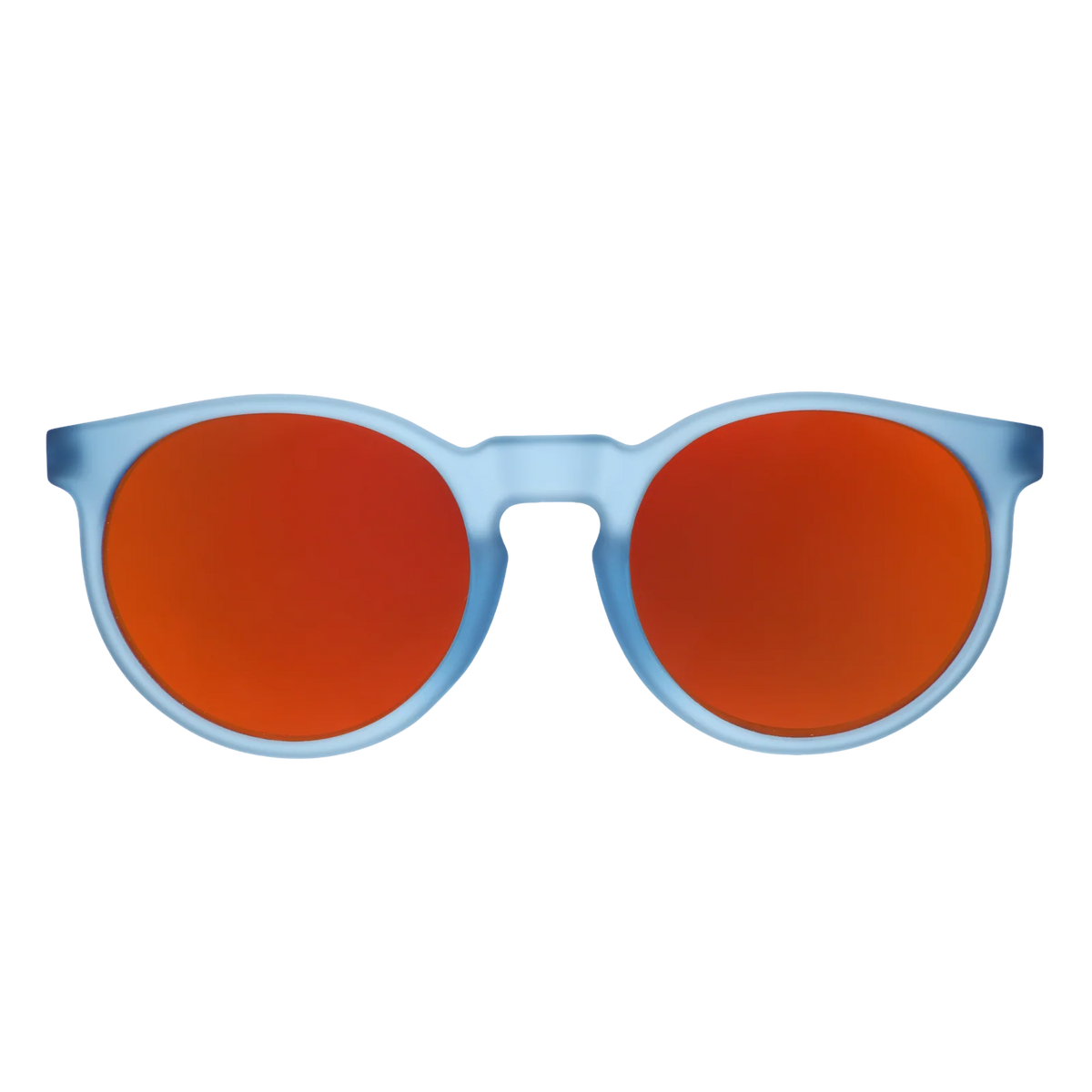 Product close up of circle-framed sunglasses, featuring light blue frames and red reflective lenses.