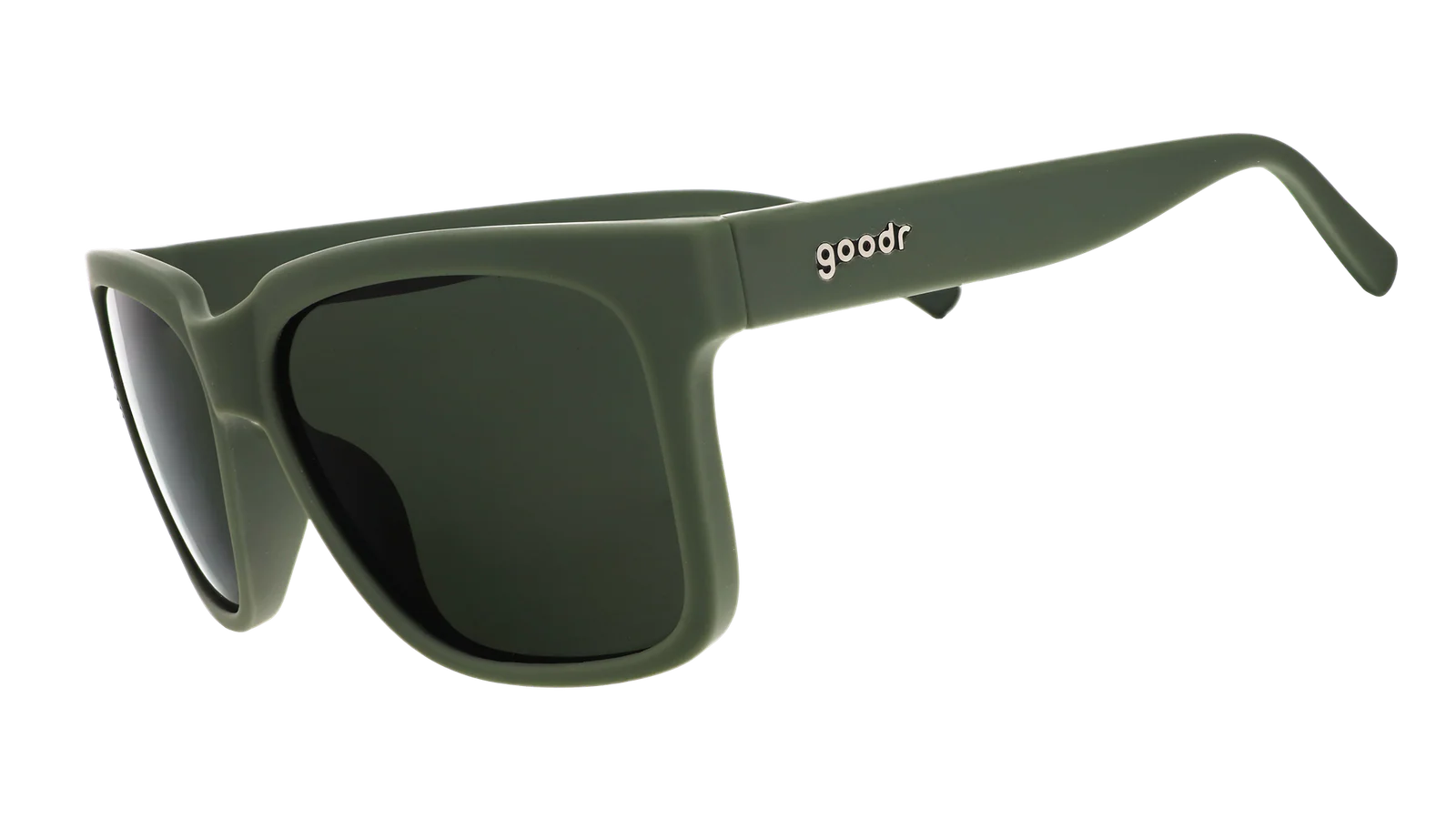 Dark green polarised sunglasses with non-reflective lenses. Water repellent and capable of floating.