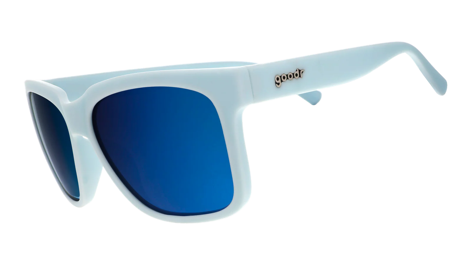 Light blue sunglasses with mirrored reflective lenses. Water repellent and capable of floating.