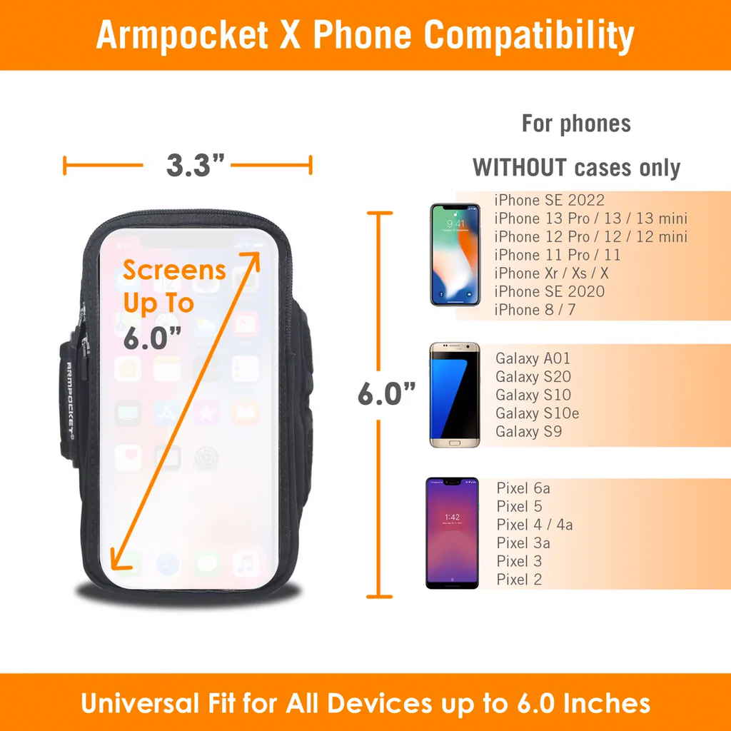 Armpocket X armband for iPhone 15/14/13/12, Galaxy S20/S10, Pixel 6a &amp; full screen devices